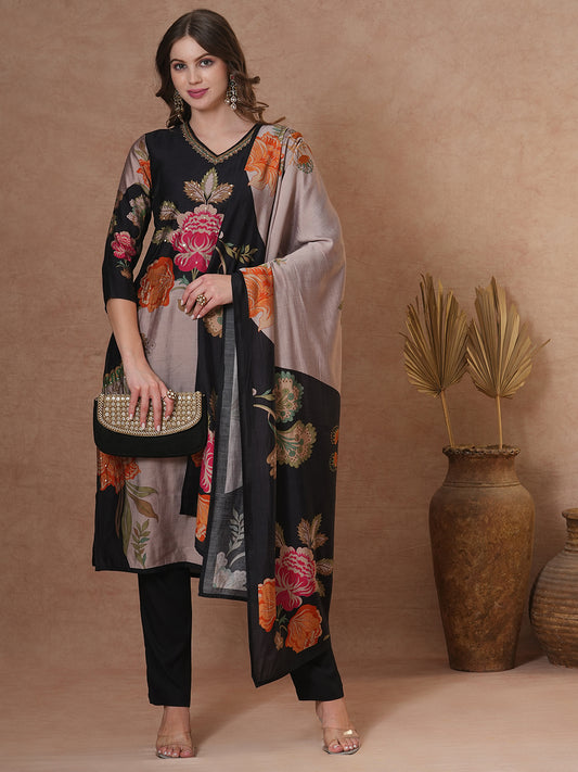 Floral Printed & Embroidered Straight Fit Kurta with Pant and Dupatta - Black