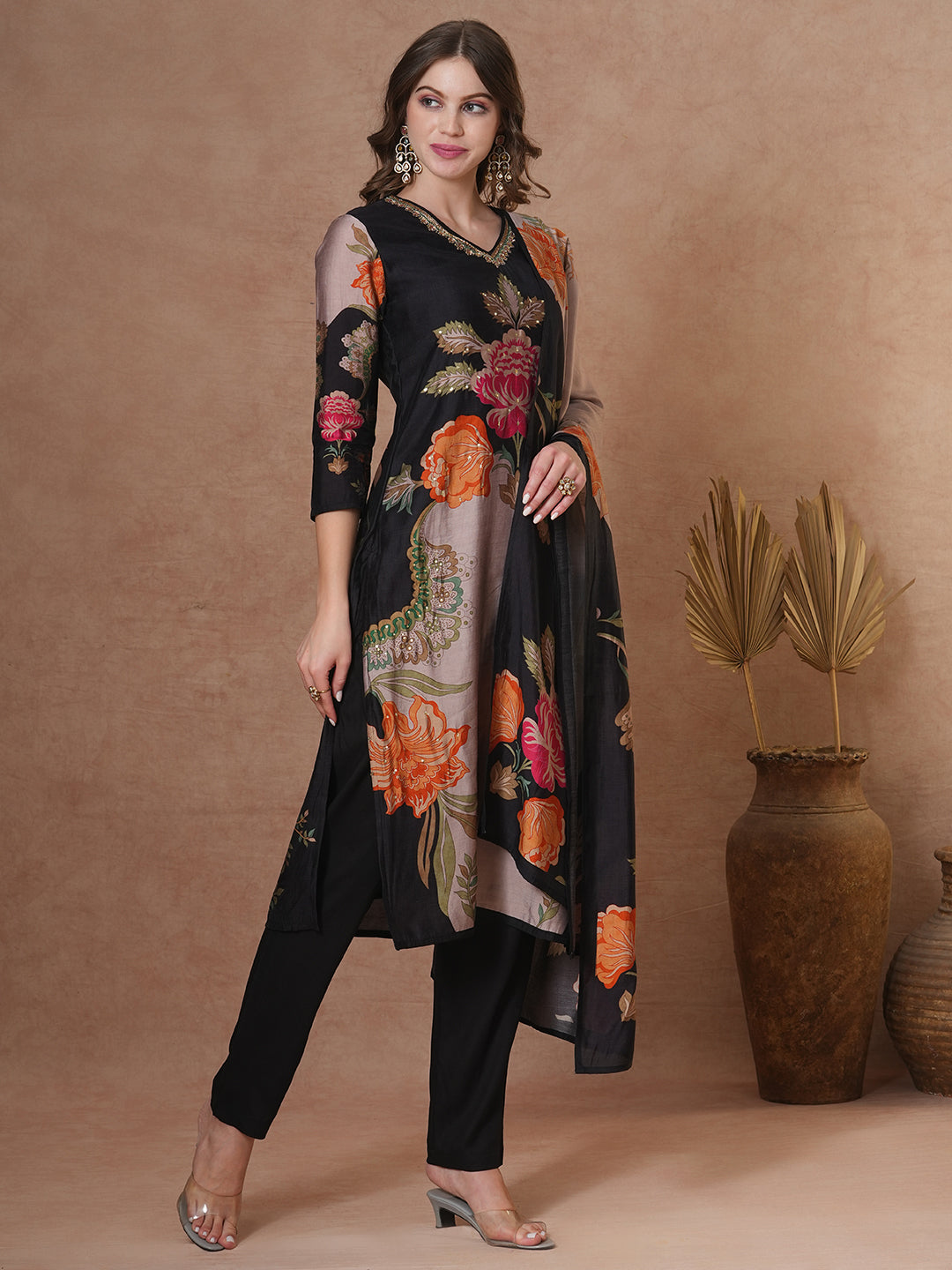 Floral Printed & Embroidered Straight Fit Kurta with Pant and Dupatta - Black