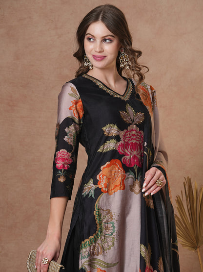 Floral Printed & Embroidered Straight Fit Kurta with Pant and Dupatta - Black