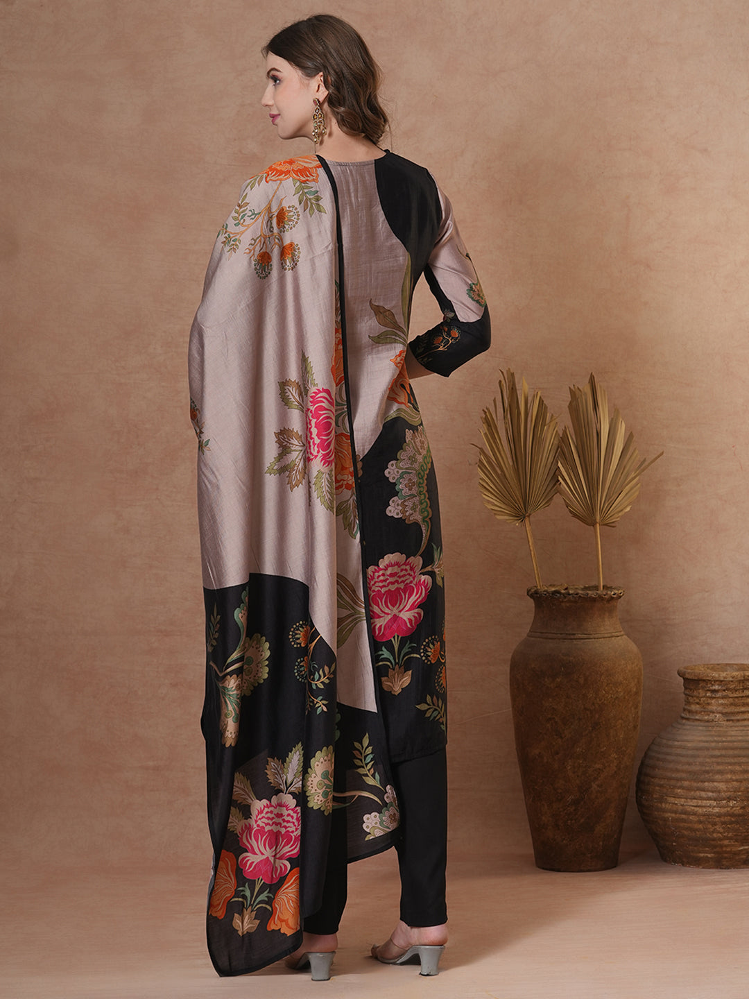 Floral Printed & Embroidered Straight Fit Kurta with Pant and Dupatta - Black