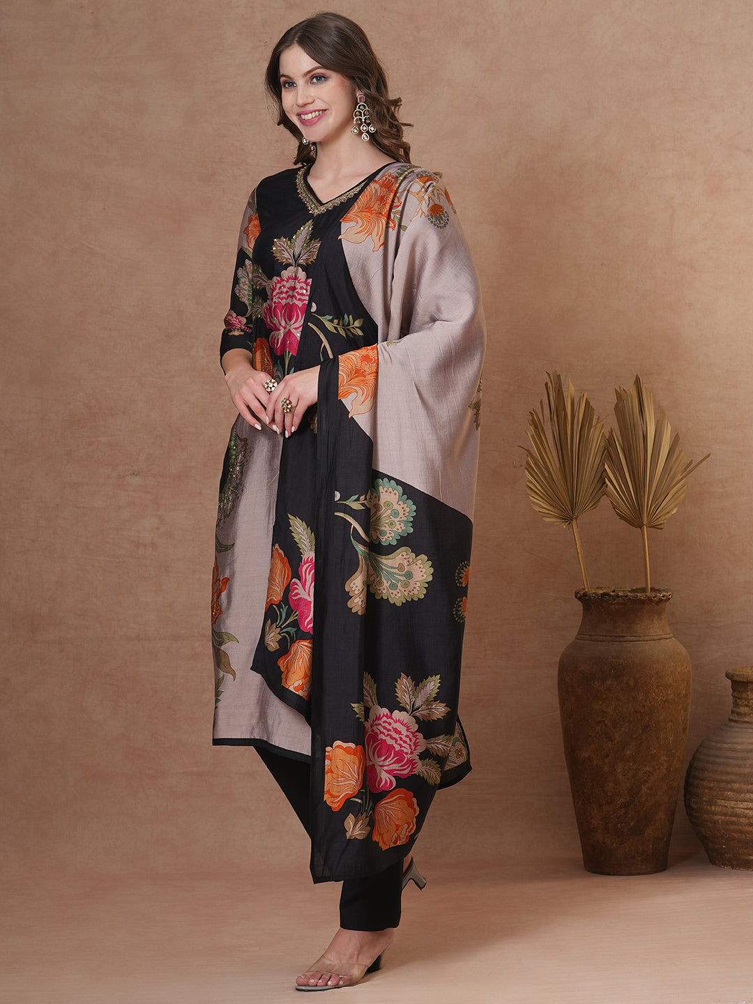 Floral Printed & Embroidered Straight Fit Kurta with Pant and Dupatta - Black