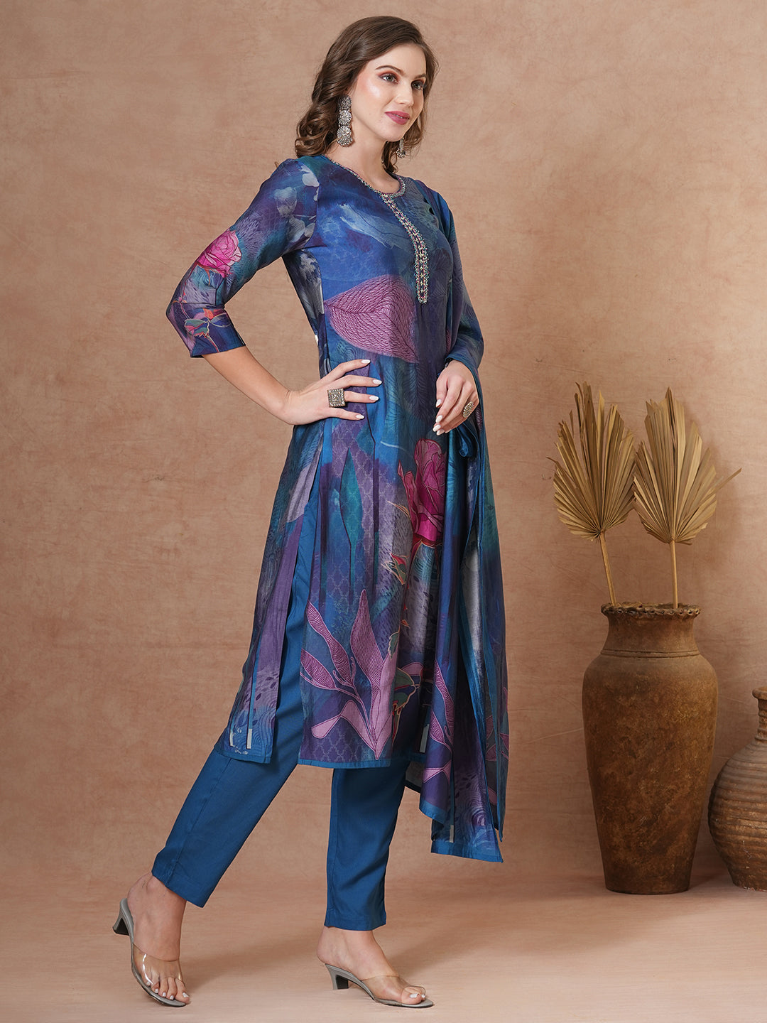 Abstract Floral Printed Straight Fit Kurta with Pant and Dupatta - Blue