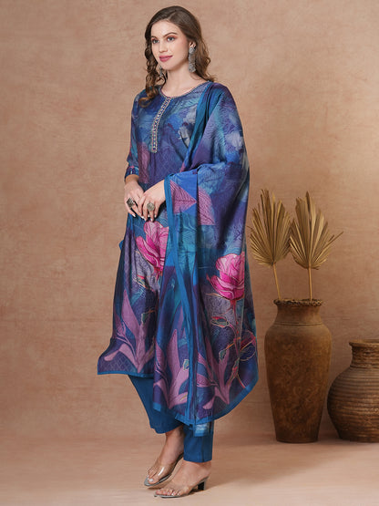 Abstract Floral Printed Straight Fit Kurta with Pant and Dupatta - Blue