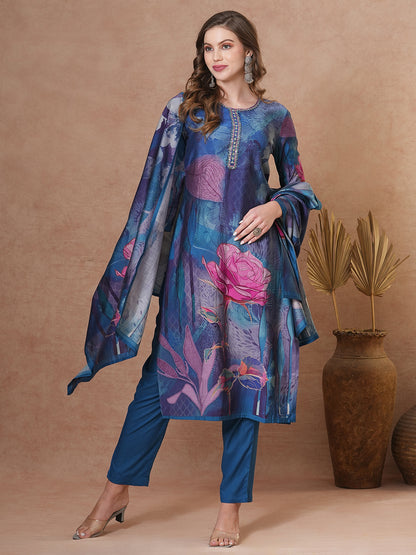 Abstract Floral Printed Straight Fit Kurta with Pant and Dupatta - Blue