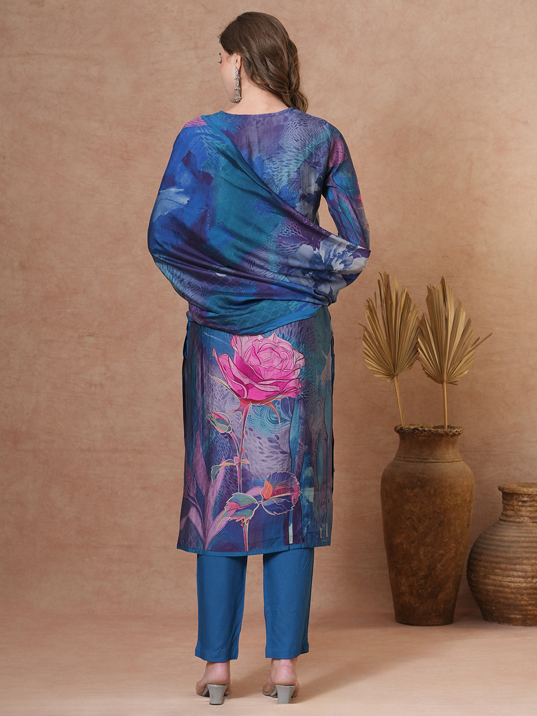 Abstract Floral Printed Straight Fit Kurta with Pant and Dupatta - Blue