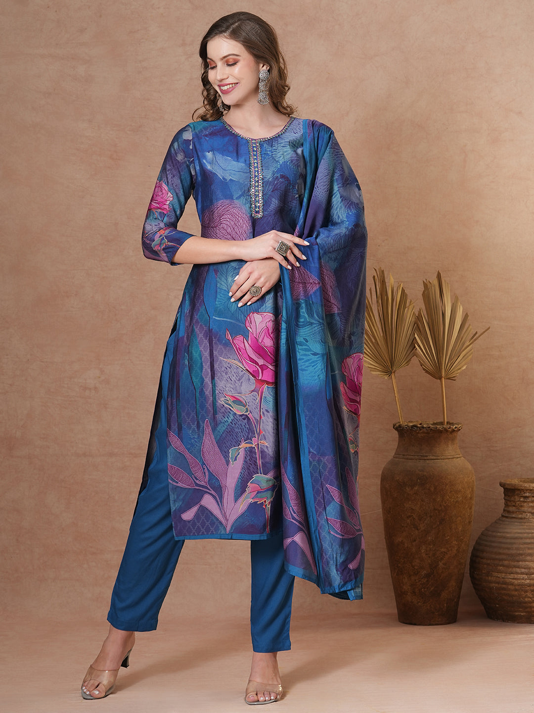 Abstract Floral Printed Straight Fit Kurta with Pant and Dupatta - Blue