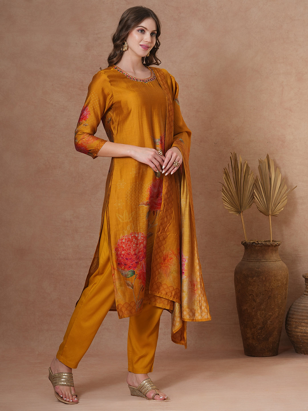 Abstract Floral Printed & Embroidered Straight Kurta with Pant and Dupatta - Mustard