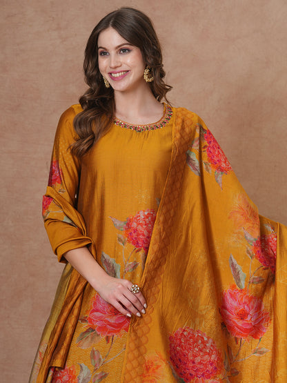 Abstract Floral Printed & Embroidered Straight Kurta with Pant and Dupatta - Mustard