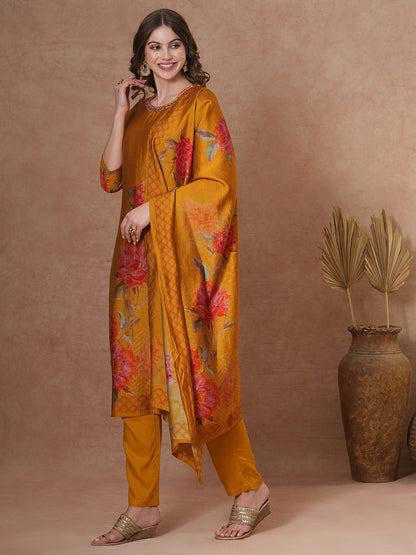 Abstract Floral Printed & Embroidered Straight Kurta with Pant and Dupatta - Mustard