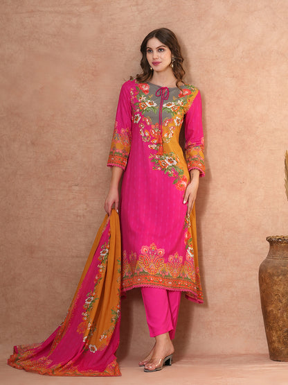 Ethnic Floral & Printed & Hand Embroidered A-Line Kurta with Pant & Dupatta - Pink