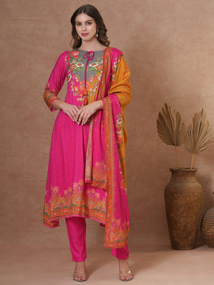 Ethnic Floral & Printed & Hand Embroidered A-Line Kurta with Pant & Dupatta - Pink