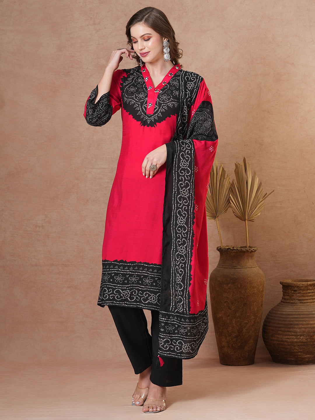 Solid Bandhani Printed Embroidered Straight Fit Kurta with Pant & Dupatta - Red