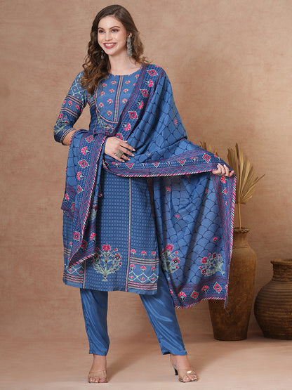 Ethnic Floral Printed & Embroidered Straight Kurta with Pant & Dupatta - Blue