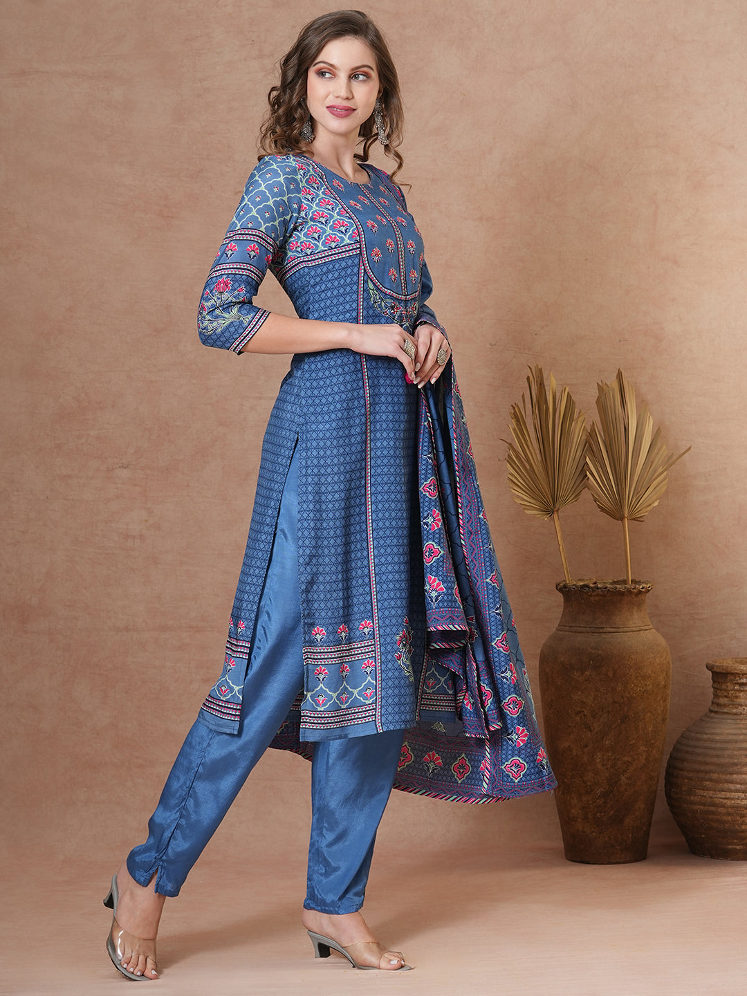 Ethnic Floral Printed & Embroidered Straight Kurta with Pant & Dupatta - Blue