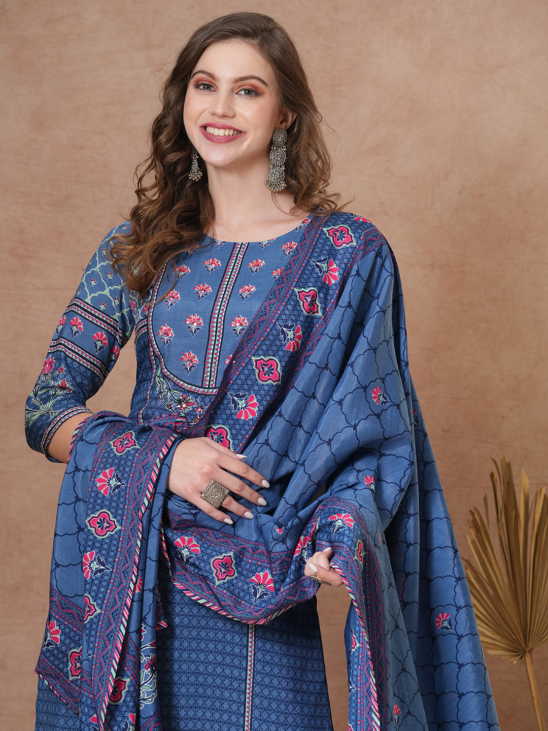 Ethnic Floral Printed & Embroidered Straight Kurta with Pant & Dupatta - Blue