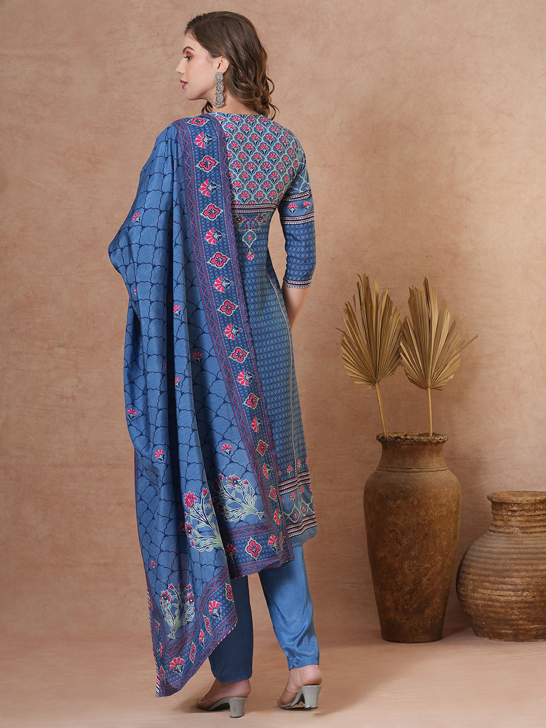 Ethnic Floral Printed & Embroidered Straight Kurta with Pant & Dupatta - Blue