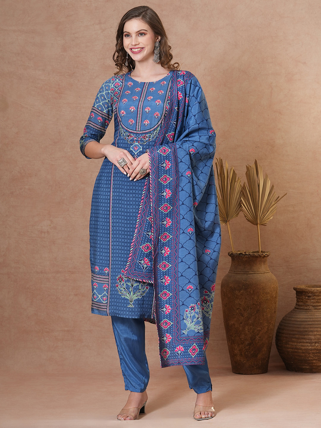 Ethnic Floral Printed & Embroidered Straight Kurta with Pant & Dupatta - Blue