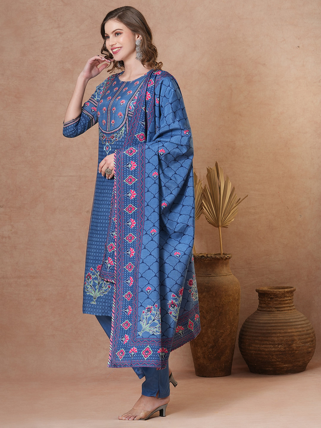 Ethnic Floral Printed & Embroidered Straight Kurta with Pant & Dupatta - Blue