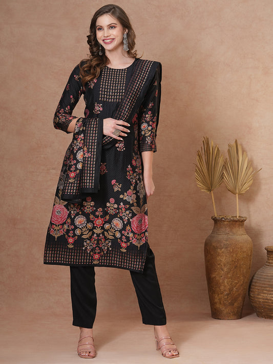 Ethnic Floral Printed & Hand Embroidered Straight Kurta with Pant & Dupatta - Black