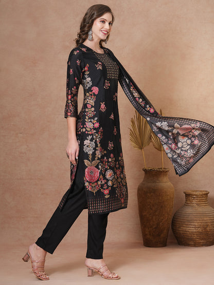 Ethnic Floral Printed & Hand Embroidered Straight Kurta with Pant & Dupatta - Black