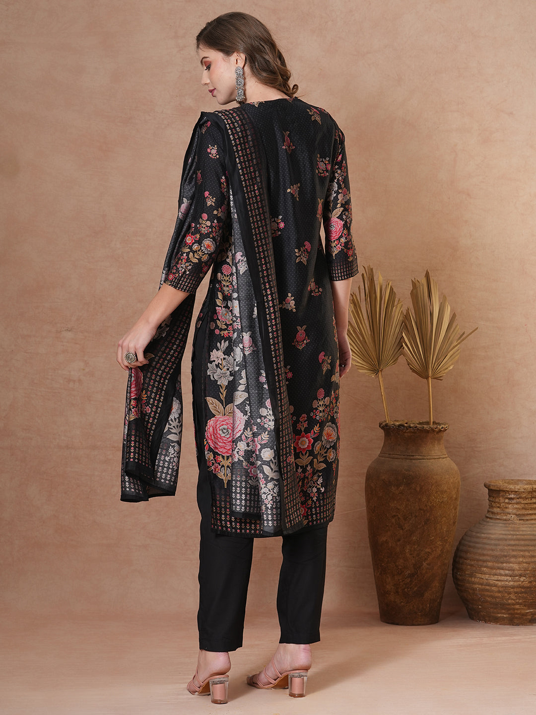 Ethnic Floral Printed & Hand Embroidered Straight Kurta with Pant & Dupatta - Black