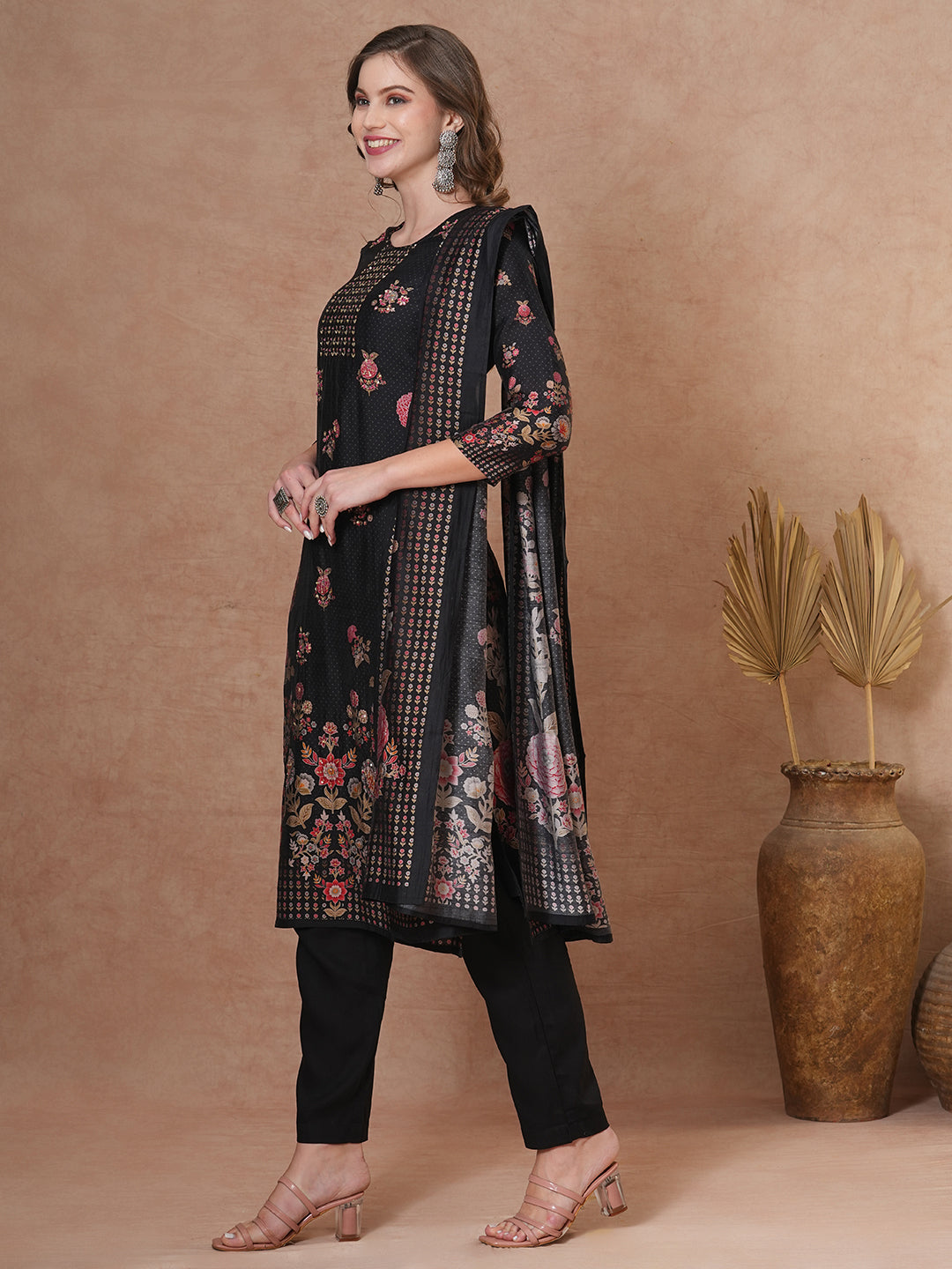 Ethnic Floral Printed & Hand Embroidered Straight Kurta with Pant & Dupatta - Black