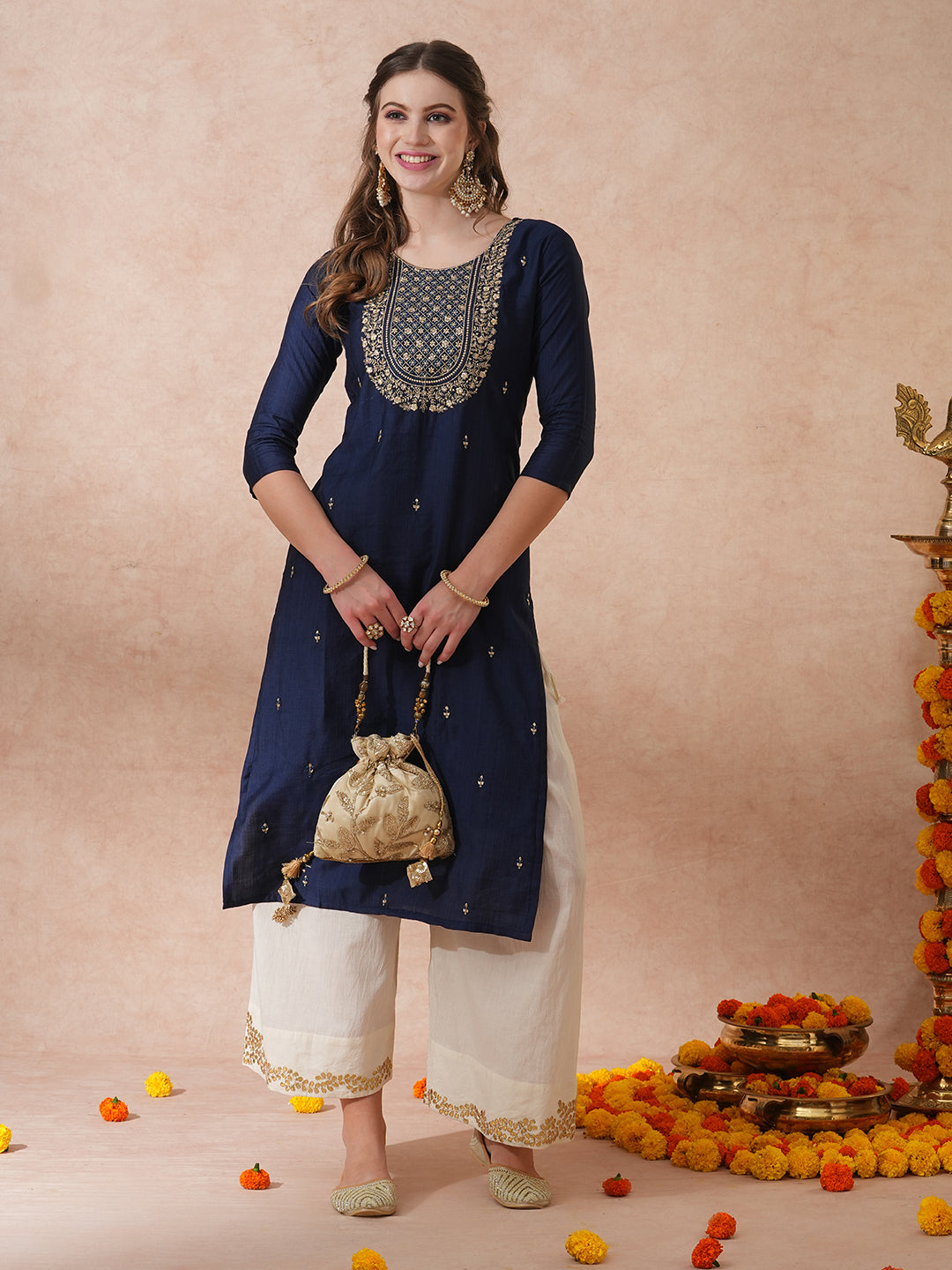 Solid Ethnic Zari Embroidered Straight Fit Kurta - Blue