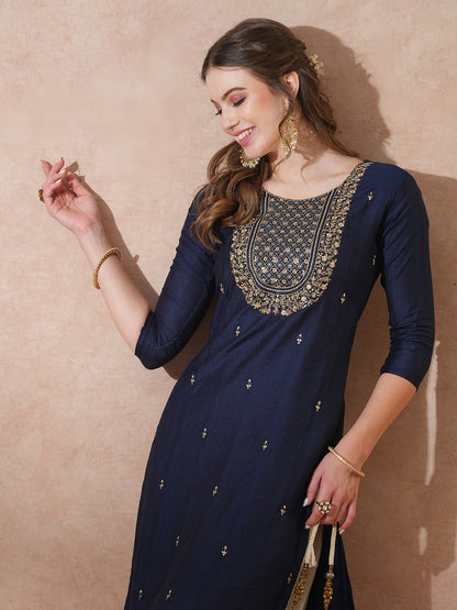 Solid Ethnic Zari Embroidered Straight Fit Kurta - Blue