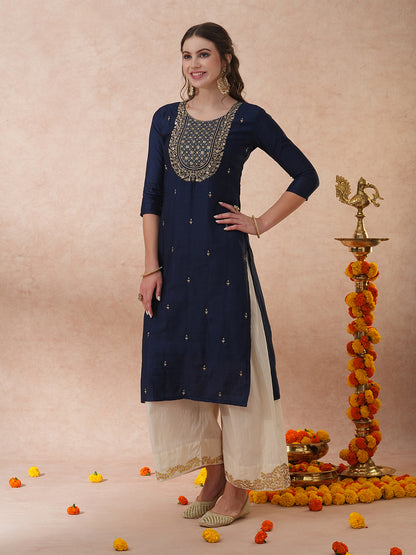 Solid Ethnic Zari Embroidered Straight Fit Kurta - Blue