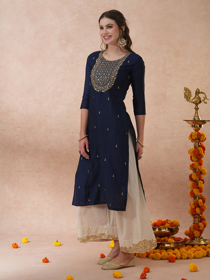 Solid Ethnic Zari Embroidered Straight Fit Kurta - Blue