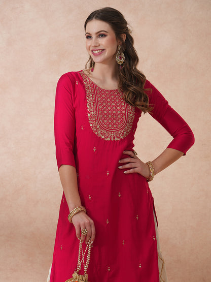 Solid Ethnic Zari Embroidered Straight Fit Kurta - Pink