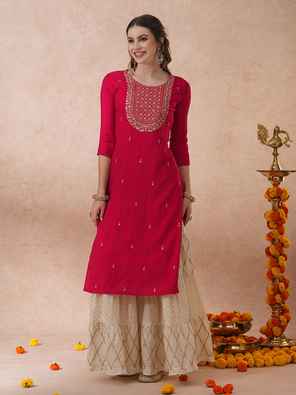 Solid Ethnic Zari Embroidered Straight Fit Kurta - Pink