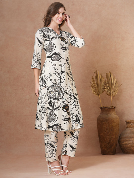 Abstract Floral Printed Straight Fit Co-ord Set- Off White