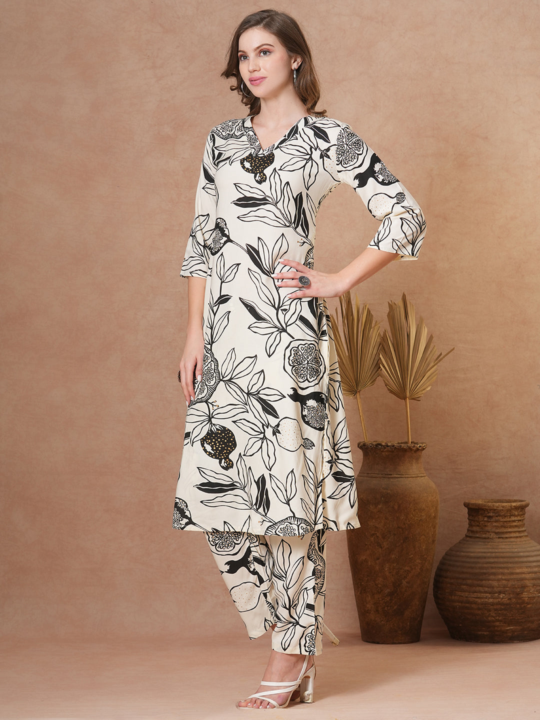 Abstract Floral Printed Straight Fit Co-ord Set- Off White