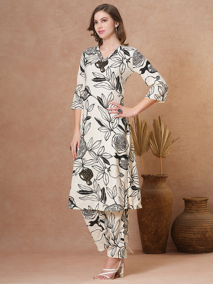 Abstract Floral Printed Straight Fit Co-ord Set- Off White