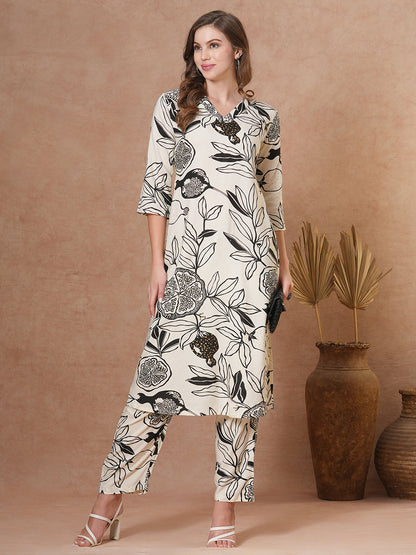 Abstract Floral Printed Straight Fit Co-ord Set- Off White