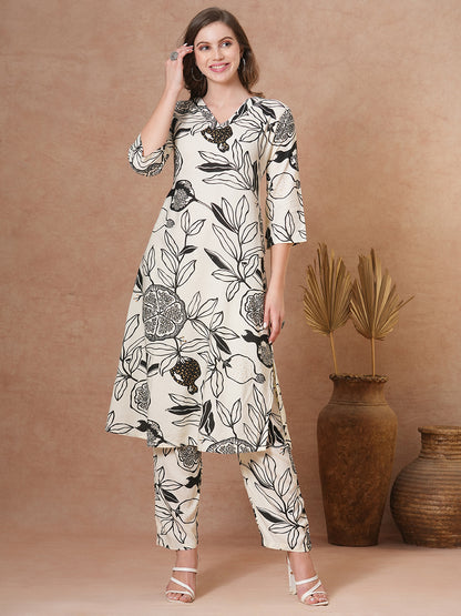 Abstract Floral Printed Straight Fit Co-ord Set- Off White