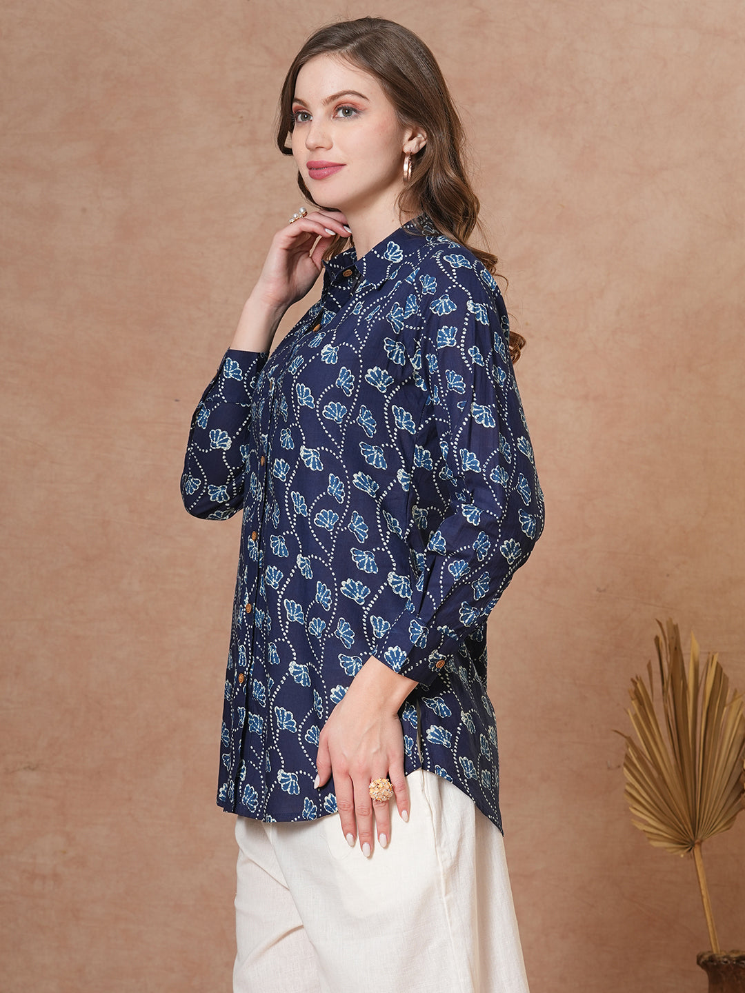 Ethnic Floral Printed Straight Fit Shirt with Palazzo - Blue