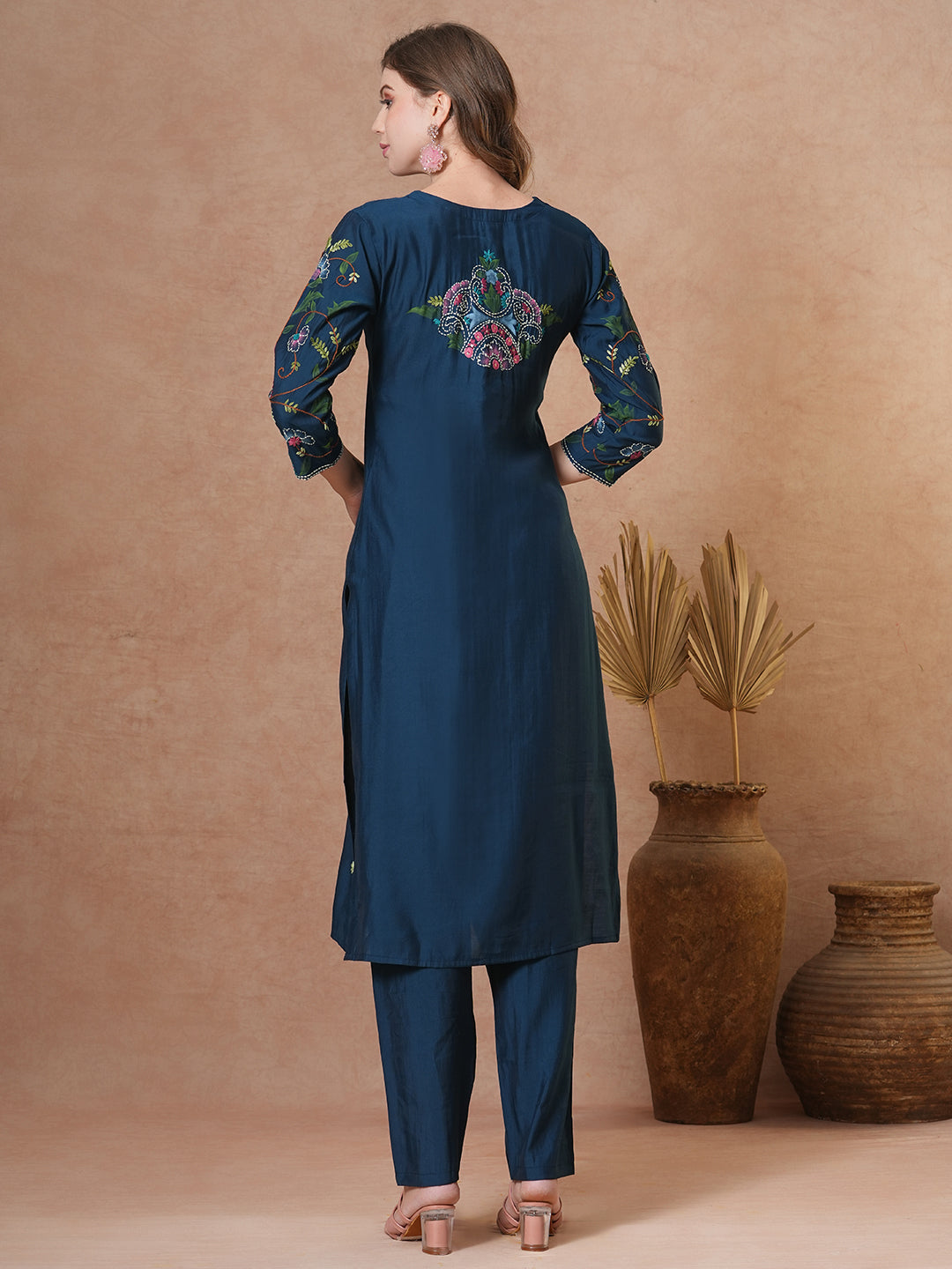 Solid Floral Embroidered & Hand Painted Straight Fit Co-ord Set - Teal Blue