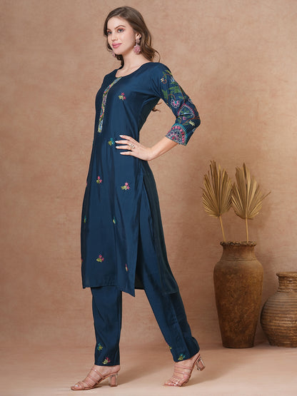 Solid Floral Embroidered & Hand Painted Straight Fit Co-ord Set - Teal Blue