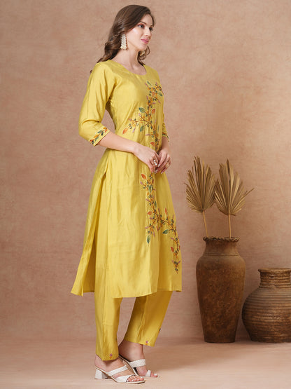 Floral Hand Painted Straight Fit Kurta with Pant - Yellow