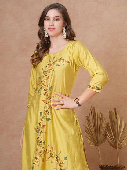 Floral Hand Painted Straight Fit Kurta with Pant - Yellow