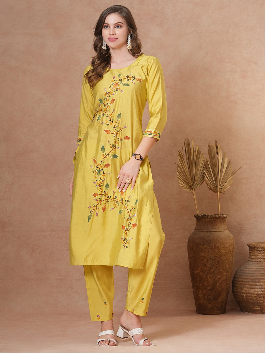 Floral Hand Painted Straight Fit Kurta with Pant - Yellow