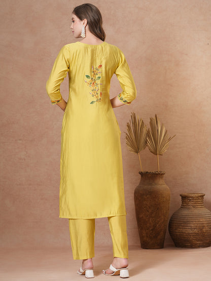 Floral Hand Painted Straight Fit Kurta with Pant - Yellow