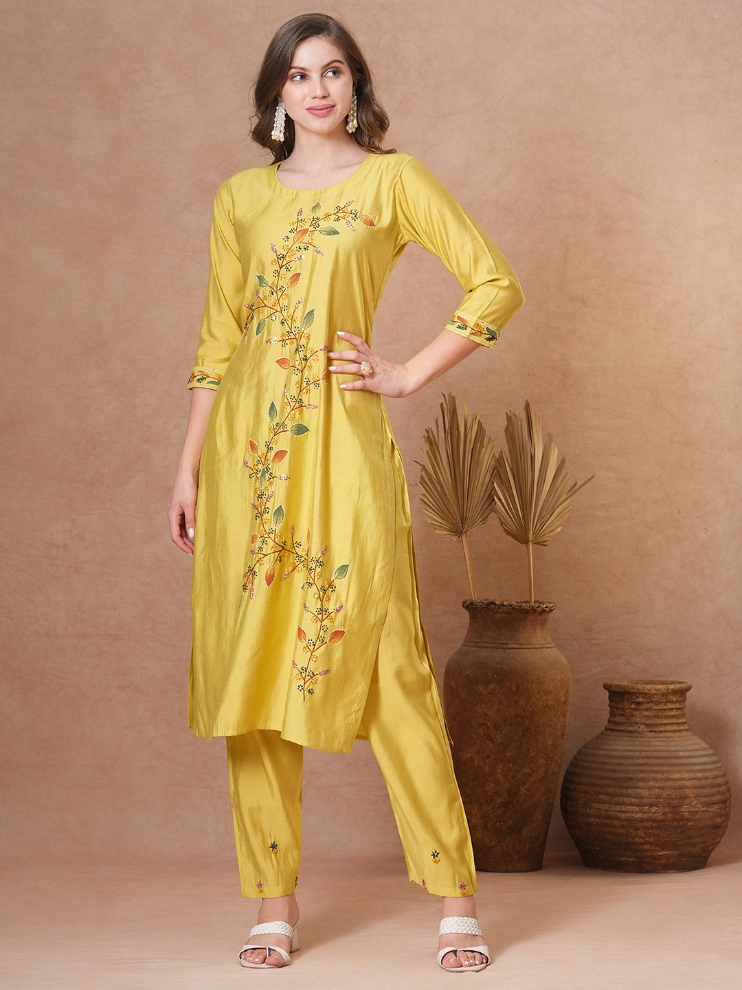 Floral Hand Painted Straight Fit Kurta with Pant - Yellow