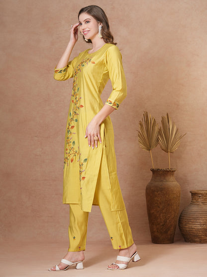 Floral Hand Painted Straight Fit Kurta with Pant - Yellow