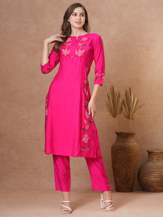 Floral Cross Stitch Embroidered A-Line Co-ord - Pink