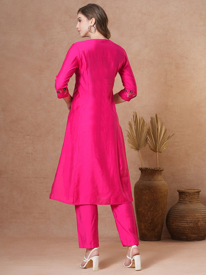 Floral Cross Stitch Embroidered A-Line Co-ord - Pink