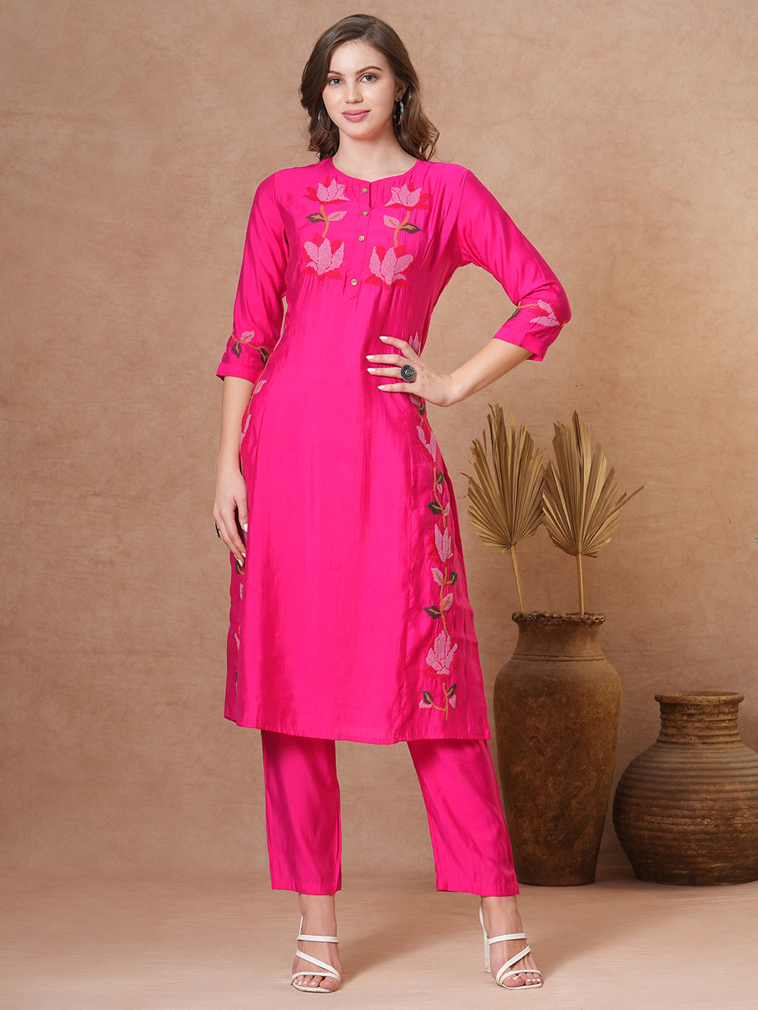 Floral Cross Stitch Embroidered A-Line Co-ord - Pink