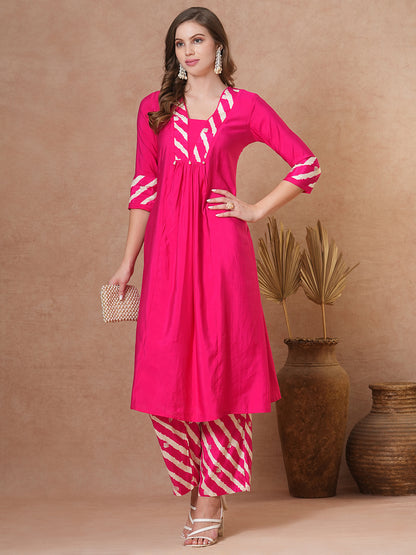 Solid Ethnic Leheriya & Printed A-Line Co-ord Set - Pink